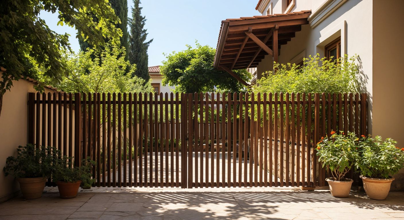 A sturdy metal shutter-style fence (panjur çit) stands beside a traditional wooden picket fence (çit) in a sunny Turkish courtyard, highlighting their contrasting designs.