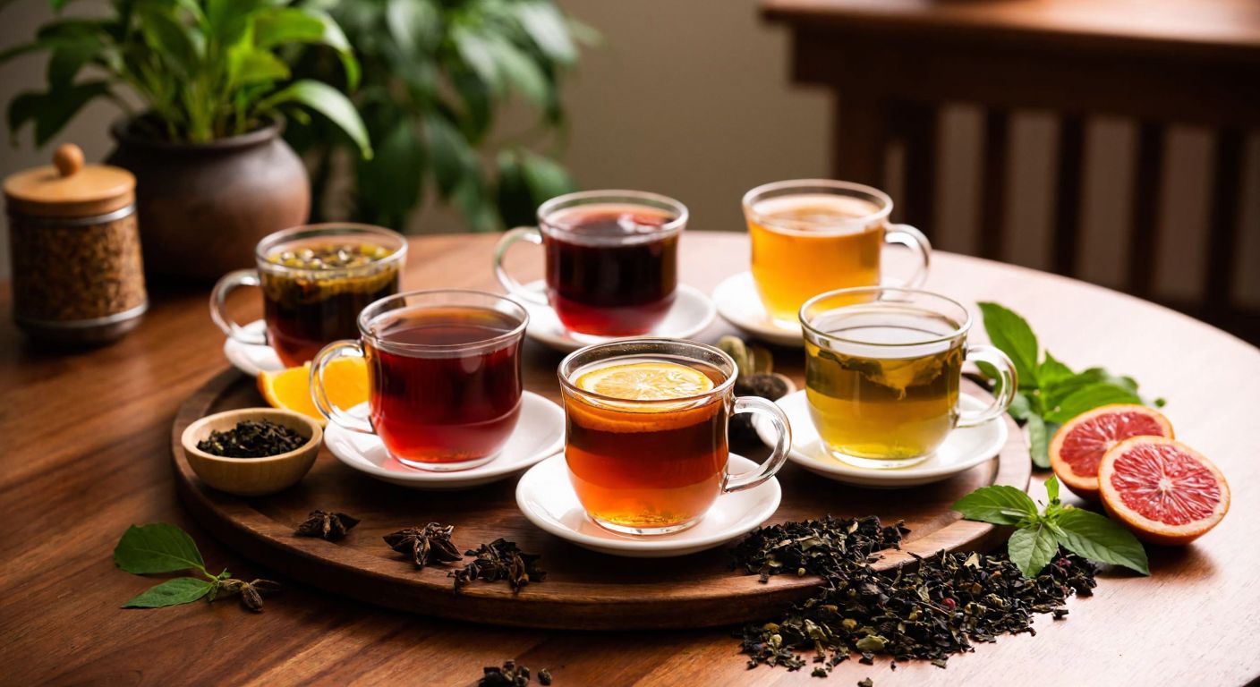 A wooden table in a cozy Turkish home is set with six distinct teacups, each filled with a different type of Doğuş tea—black, green, herbal, fruit, functional, and mystic—surrounded by loose leaves, dried herbs, and fresh fruit slices.