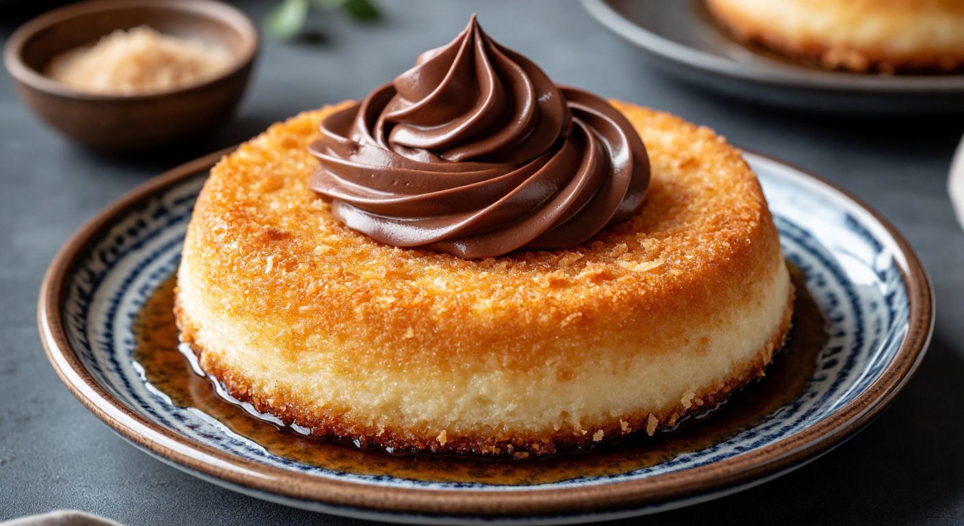 A golden-brown Cypriot dessert with a coconut base, drizzled in milky syrup, topped with a generous swirl of chocolate-colored whipped cream, placed on a traditional ceramic plate.