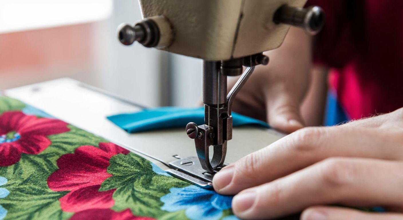 A close-up of a traditional Turkish sewing machine with a visible lower-thread mechanism, its needle piercing vibrant floral fabric while a skilled tailor's hands guide the material smoothly.