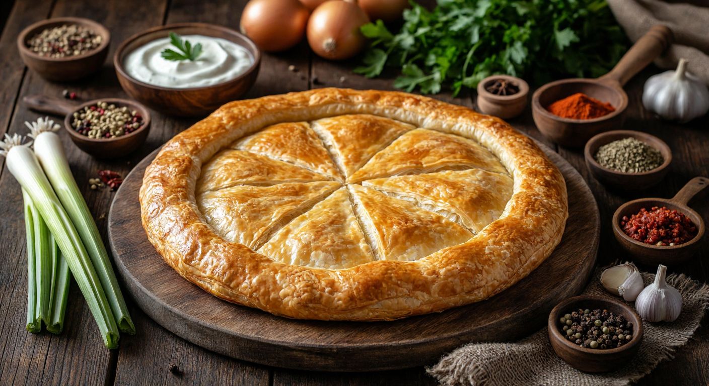 A golden, flaky *Alt Üst Böreği* sits on a rustic wooden table, surrounded by fresh ingredients like leeks, minced meat, and spices, with a bowl of yogurt and oil mixture nearby, evoking warmth and tradition.