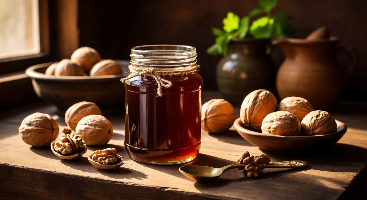 A warm, amber-hued jar of andız pekmezi (terebinth resin molasses) sits on a rustic wooden table in a sunlit Turkish kitchen, surrounded by fresh walnuts and a traditional copper spoon.