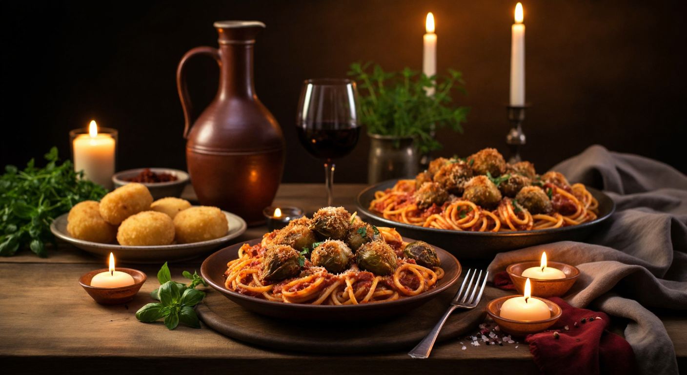 A rustic Italian table set with golden-brown *supplì*, tender *carciofi alla Romana* drizzled with olive oil, and a steaming plate of *bucatini all'Amatriciana*, surrounded by warm candlelight and a simple ceramic jug of red wine.