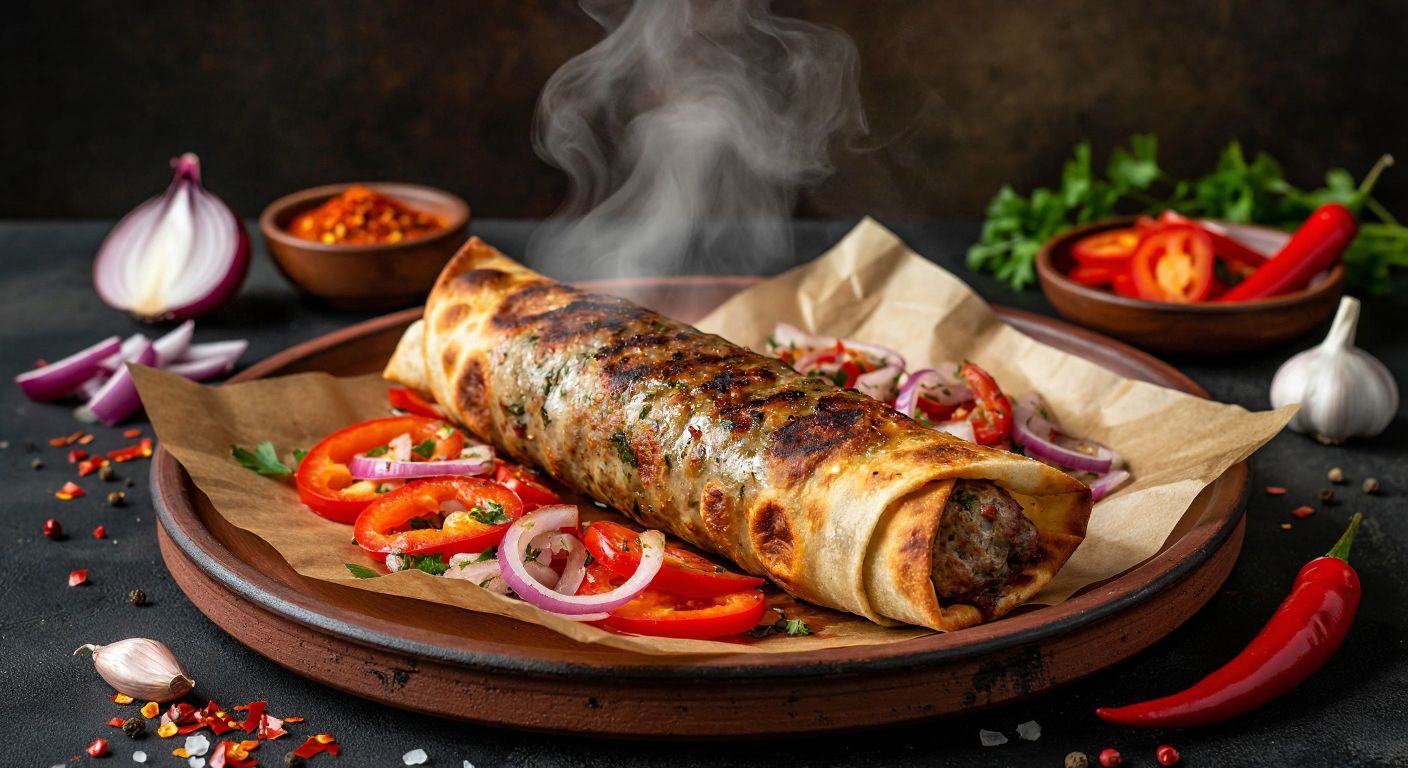 A warm, golden-brown paper-wrapped kebab rests on a rustic clay plate, surrounded by vibrant diced onions, red peppers, and crushed garlic, with steam rising from the folded edges of the parchment.
