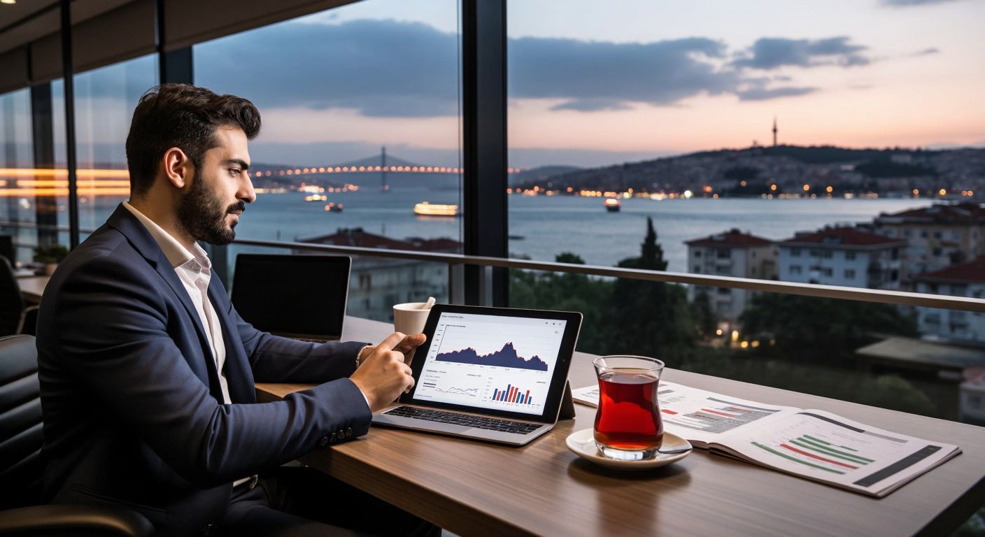 A Turkish investor in a modern office reviews financial charts on a tablet while sipping traditional çay, with a serene Bosphorus view through the window.