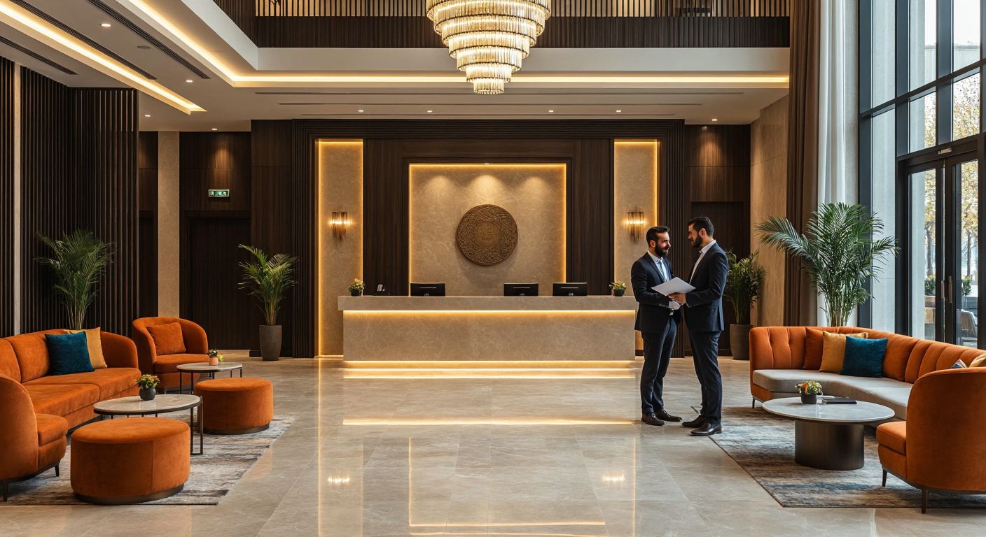 A modern Turkish hotel lobby with a reception desk, cozy seating area, and an open doorway hinting at a dining space, while a businessman in a suit consults paperwork with a professional advisor.