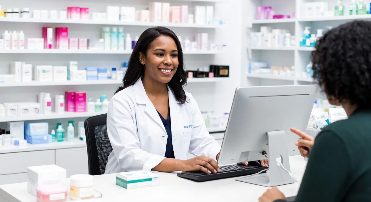 A smiling woman in a white pharmacist coat sits at a computer in a bright pharmacy, surrounded by shelves of colorful cosmetic and healthcare products, while another person points at the screen with a friendly expression.