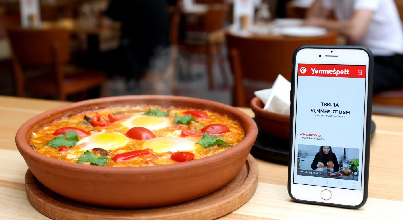 A steaming clay dish of menemen with tomatoes, peppers, and eggs, placed on a wooden table beside a smartphone displaying the Yemeksepeti app, with a bustling Turkish café in the background.