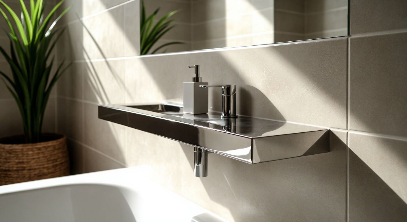 A sleek, polished chrome tile trim glistens against freshly laid ceramic tiles in a modern Turkish bathroom, with sunlight reflecting off its smooth surface.