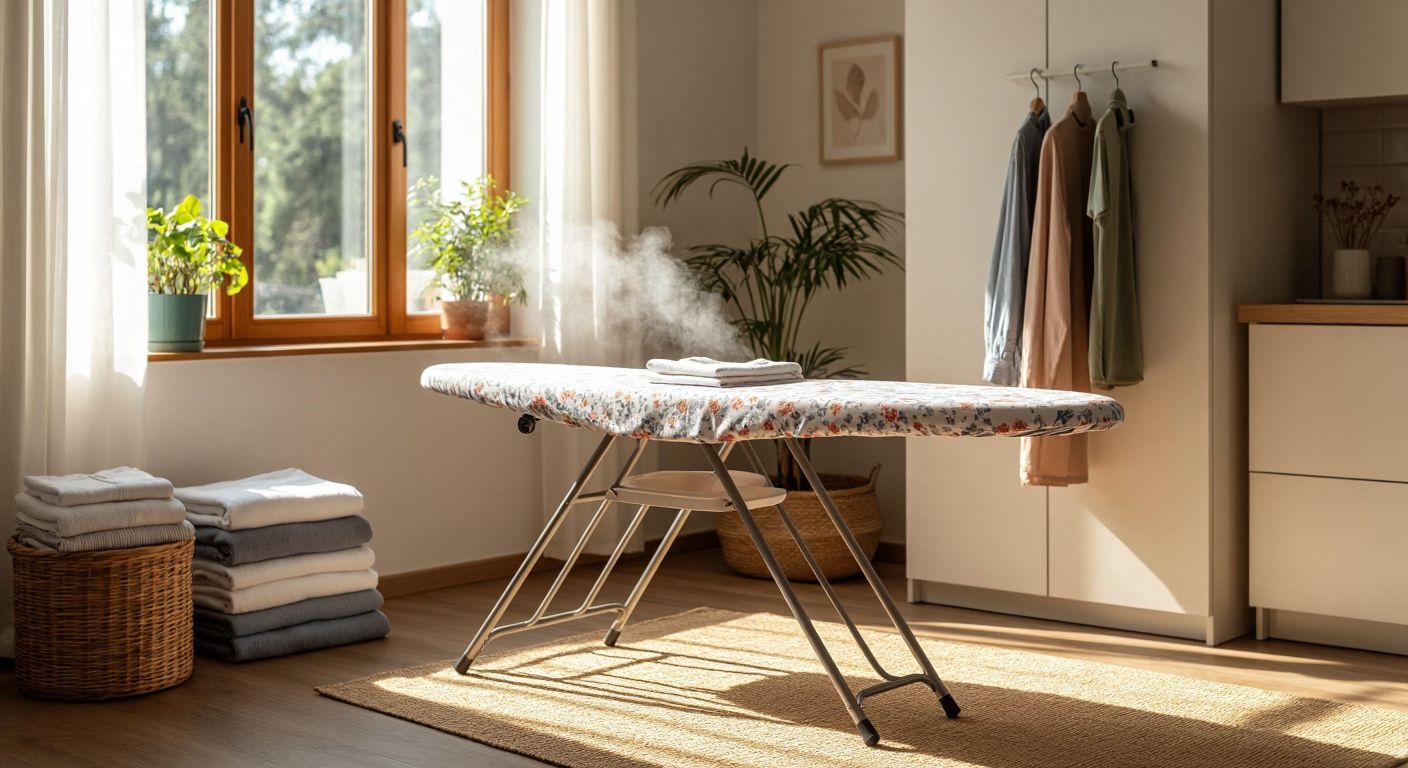 A sturdy ironing board with a heat-resistant fabric cover stands in a sunlit Turkish home laundry room, surrounded by neatly folded clothes and a steaming iron nearby.