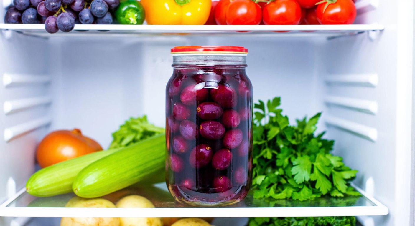 A clear glass jar filled with vibrant purple grape compote sits inside a refrigerator, surrounded by fresh produce and herbs, evoking a sense of freshness and traditional Turkish home cooking.