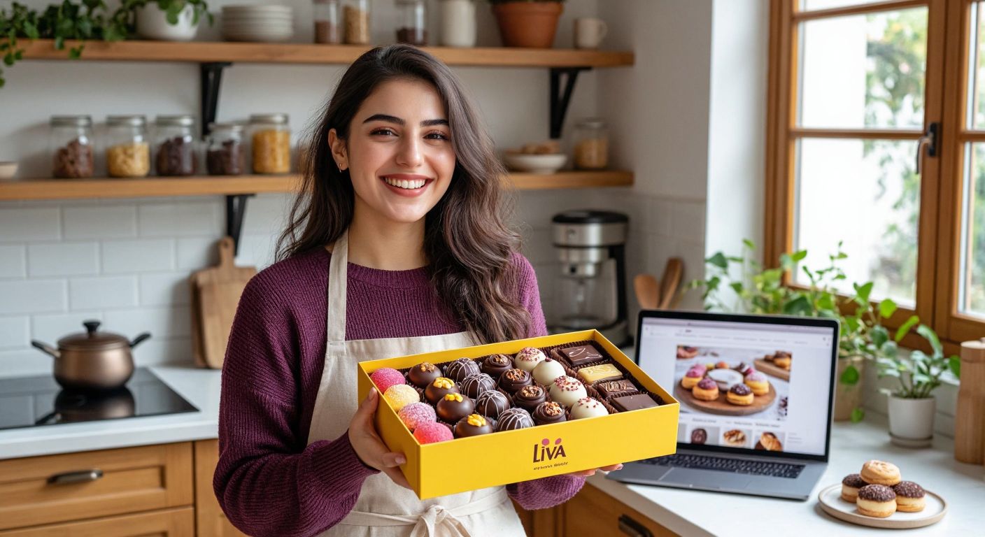 A smiling Turkish woman in a cozy kitchen holds a colorful box of assorted pastries and chocolates from Liva, with a laptop displaying a bakery website open beside her.