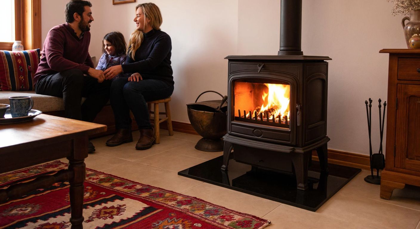 A sturdy cast-iron Bekaş stove glowing warmly in a cozy Turkish home, surrounded by a family enjoying its heat, with traditional kilim rugs and wooden furniture nearby.