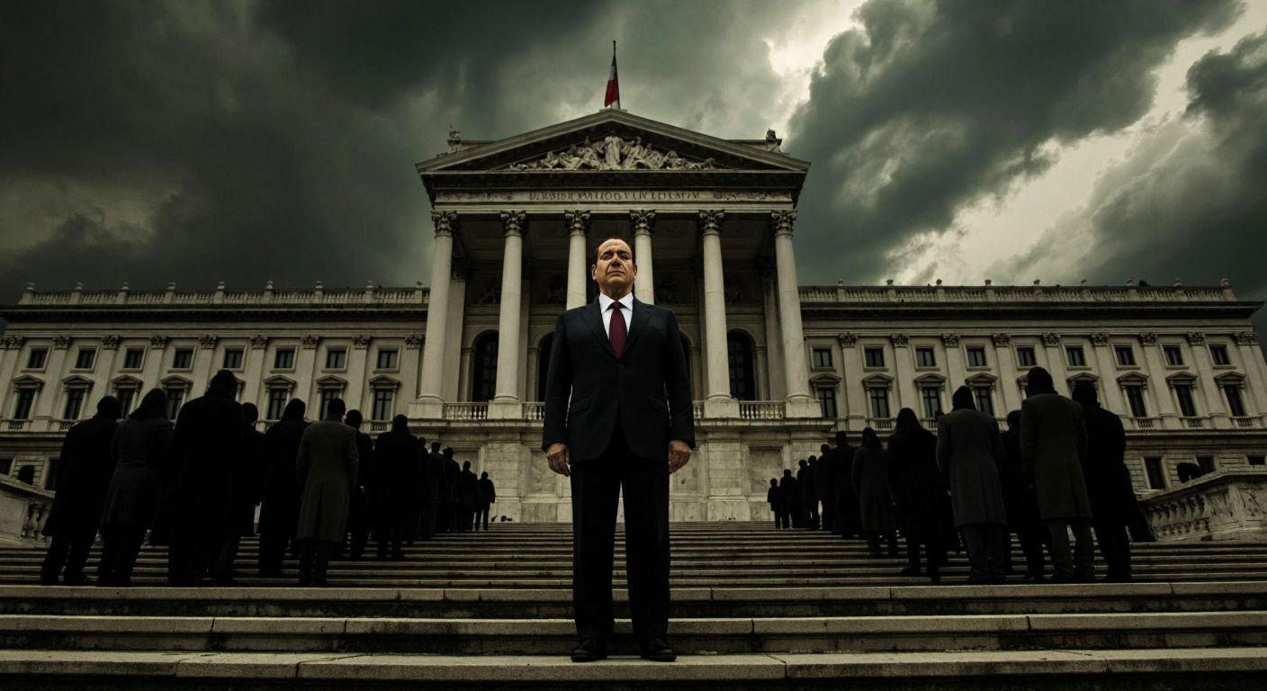 A weary Silvio Berlusconi stands alone on the steps of an Italian government building, surrounded by shadowy figures representing economic turmoil and political scandals, with a stormy sky overhead.