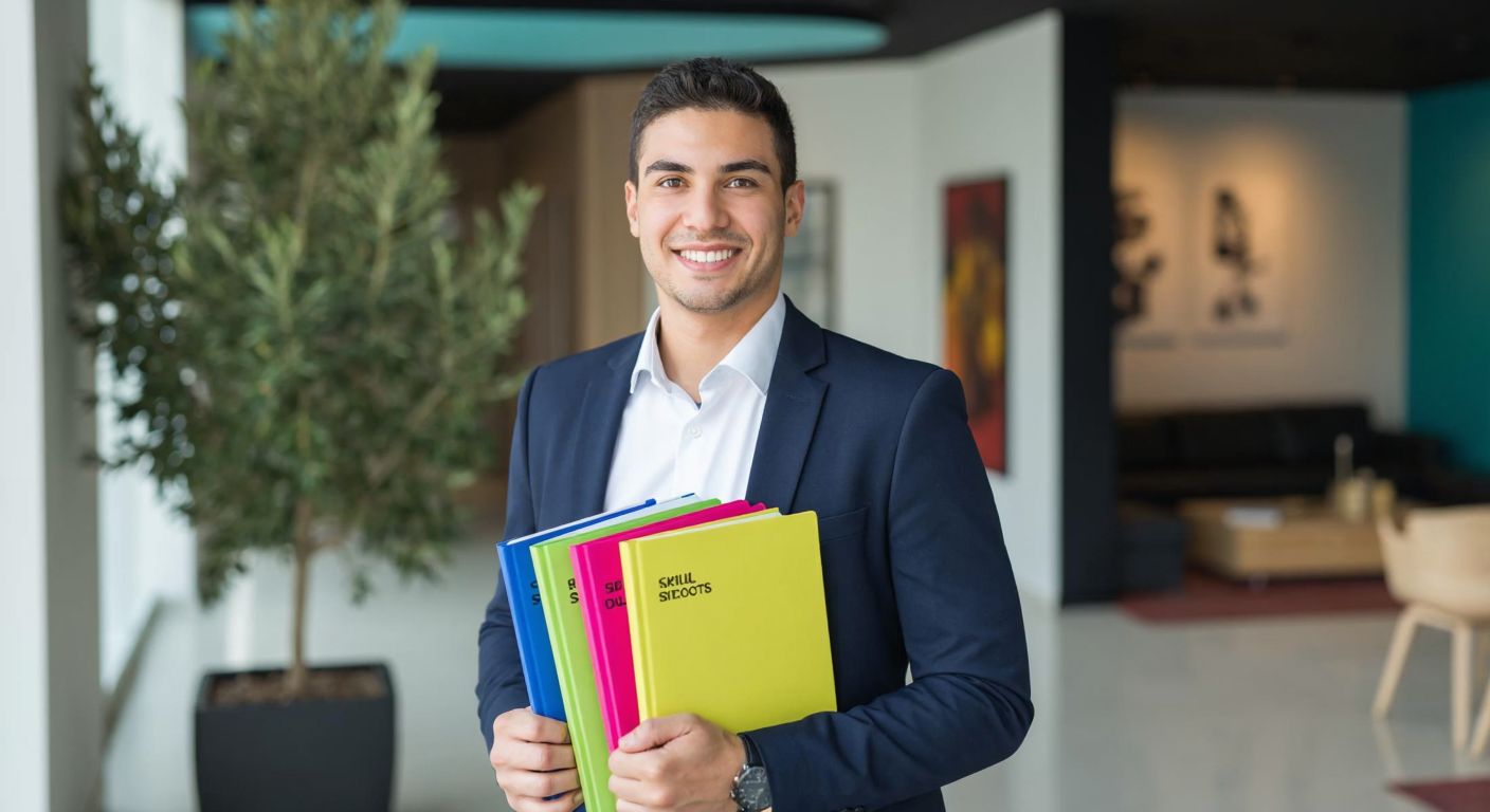 A confident young professional in a crisp white shirt and dark blazer, holding a neatly organized folder with colorful tabs labeled "Education," "Skills," and "Projects," standing in a modern Turkish office with a warm smile and a potted olive tree in the background.