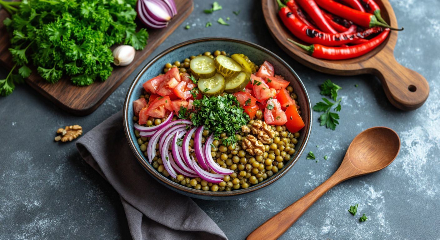 A vibrant Turkish kitchen counter displays a colorful bowl of mung bean salad filled with boiled mung beans, diced tomatoes, red onions, pickles, fresh parsley, dill, and walnuts, drizzled with olive oil and lemon juice, alongside a rustic wooden spoon and scattered ingredients like marul leaves and roasted red peppers.
