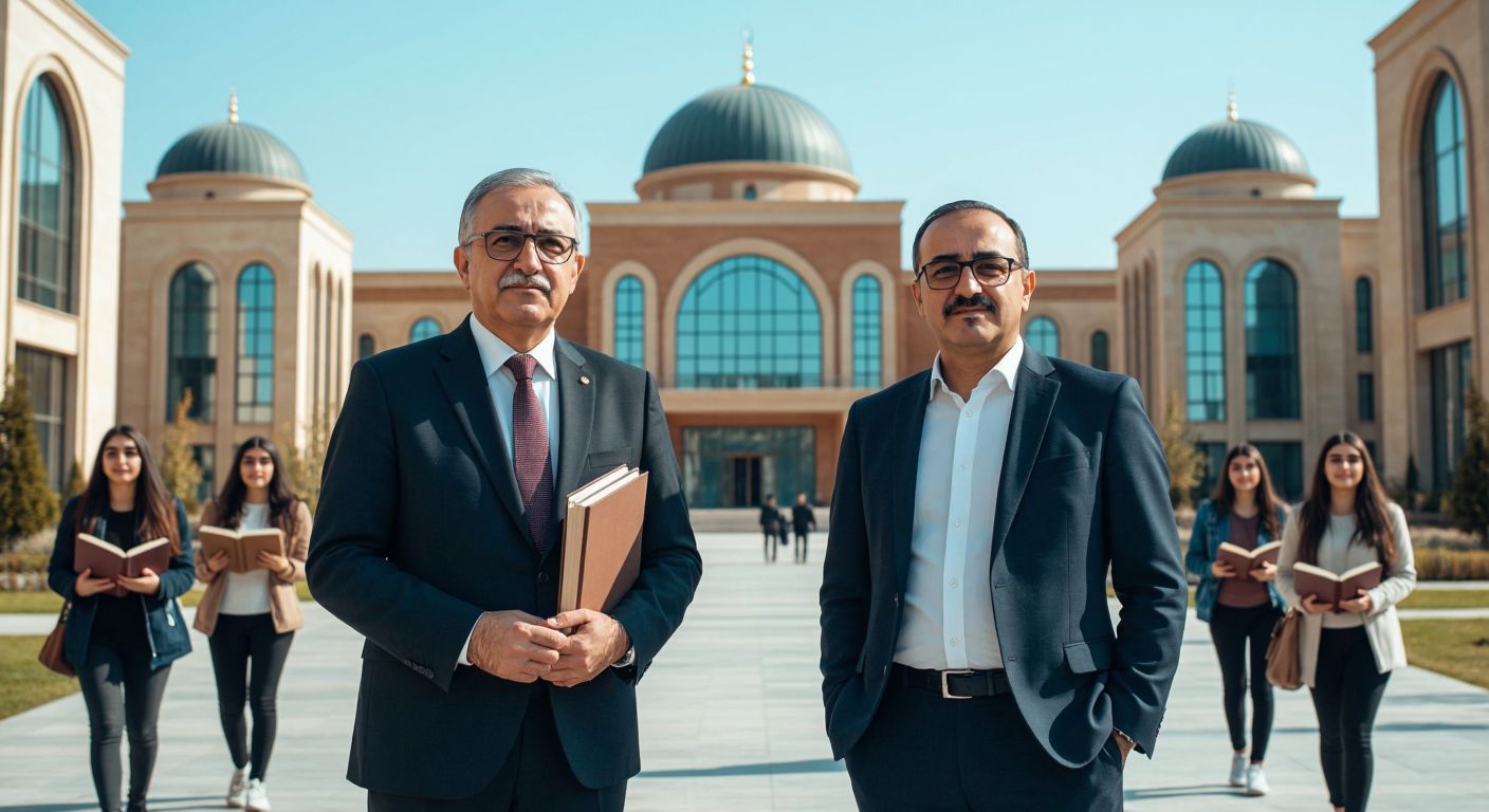 A dignified elderly man in a suit (Ahmet Zaimoğlu) and a scholarly middle-aged man with glasses (Mehmet Bulut) stand proudly in front of a modern Turkish university building with domed architectural elements, surrounded by students carrying books.