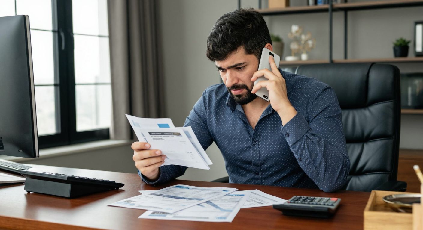 A frustrated Turkish man in a modern office setting holds a phone to his ear while flipping through a stack of bills and contracts, with a Tivibu TV remote and a calculator on the desk in front of him.