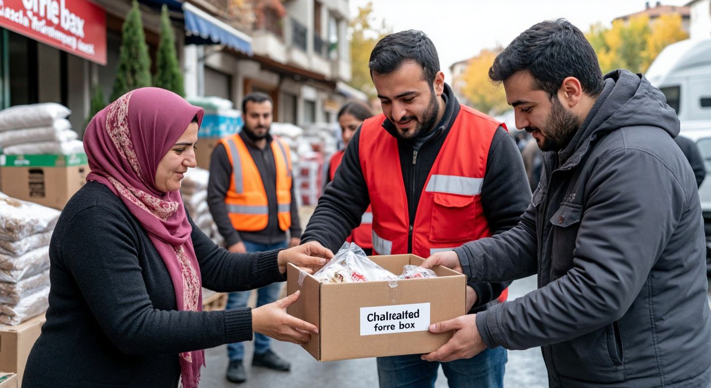 A compassionate scene in Turkey showing a diverse group of people, including a woman in a headscarf and a man in casual attire, placing donations into a labeled charity box while volunteers in vests organize relief supplies like blankets and food packages in the background.  

*(Note: The "labeled charity box" would not actually include visible text in the image, as per the constraints.)*