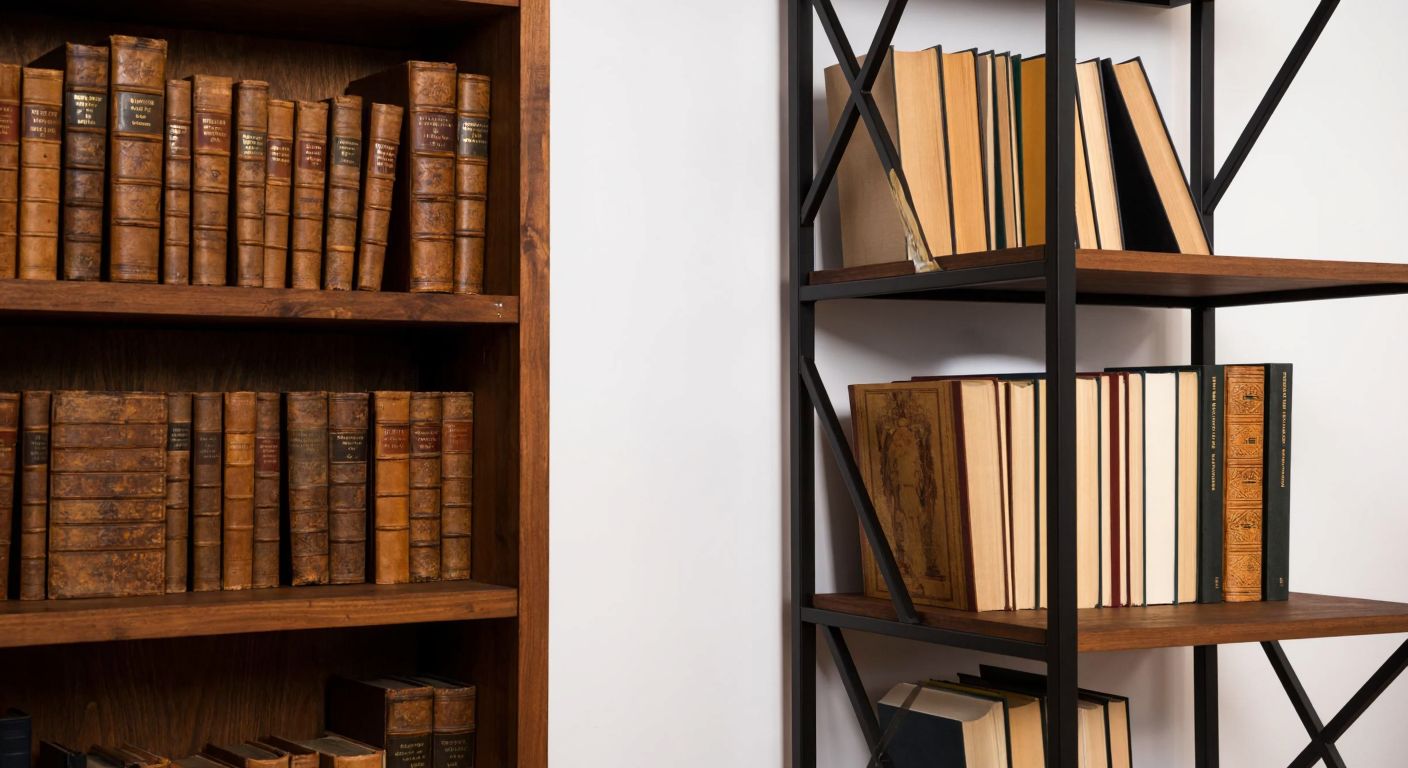 A warm, rustic wooden bookshelf filled with leather-bound books stands beside a sleek, black metal bookshelf holding modern hardcovers in a cozy Turkish study room with soft lighting.