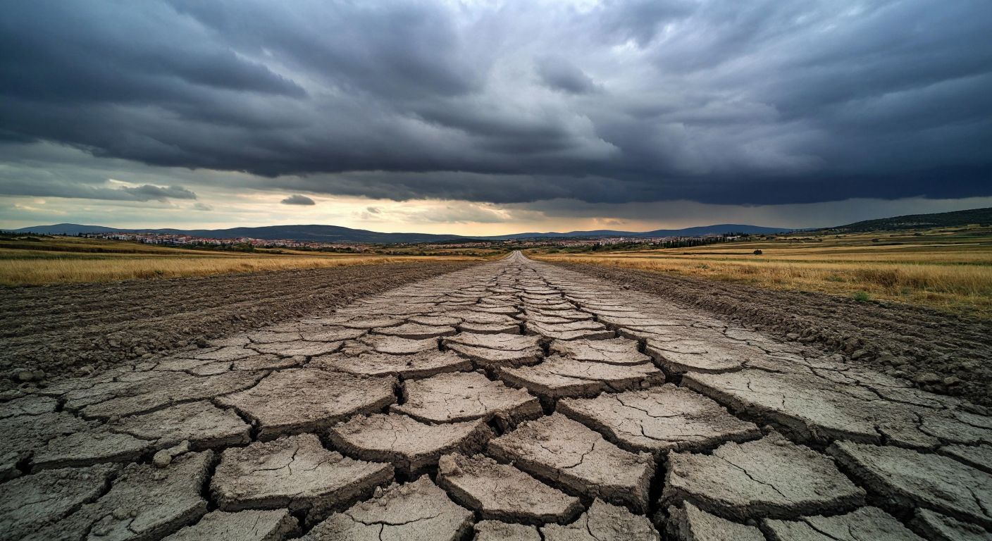 A rugged Turkish landscape with cracked earth stretching toward the horizon under a tense, overcast sky, subtly conveying seismic activity in Çanakkale.