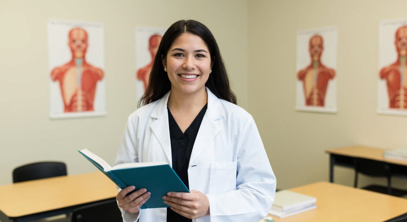 A young woman in a white lab coat smiles warmly while holding a speech therapy book, standing in a bright university classroom with anatomical posters of the vocal tract on the walls.