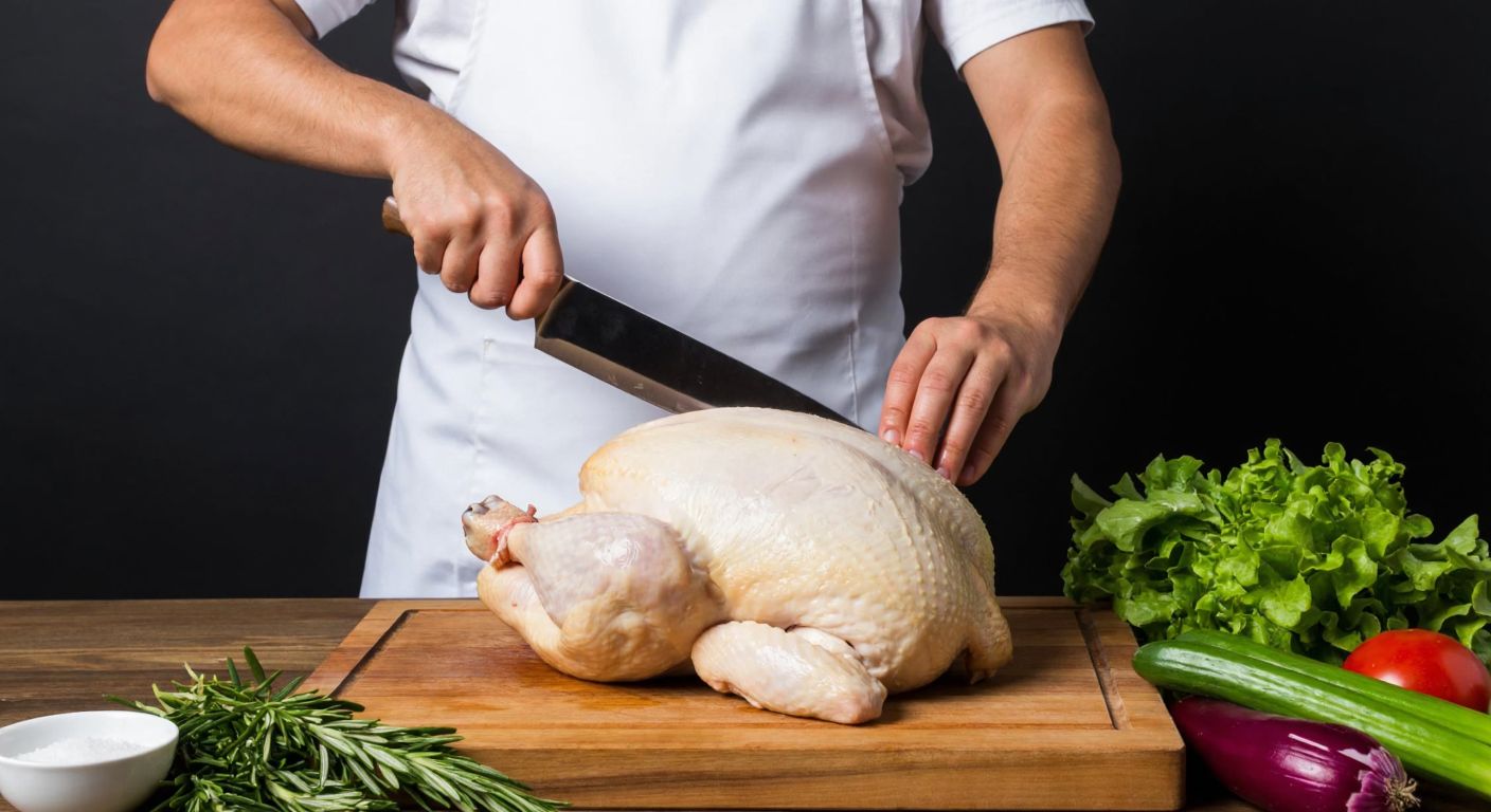 A Turkish butcher in a clean white apron carefully slices a plump chicken on a wooden cutting board using a single sharp knife, with fresh herbs and vegetables nearby.