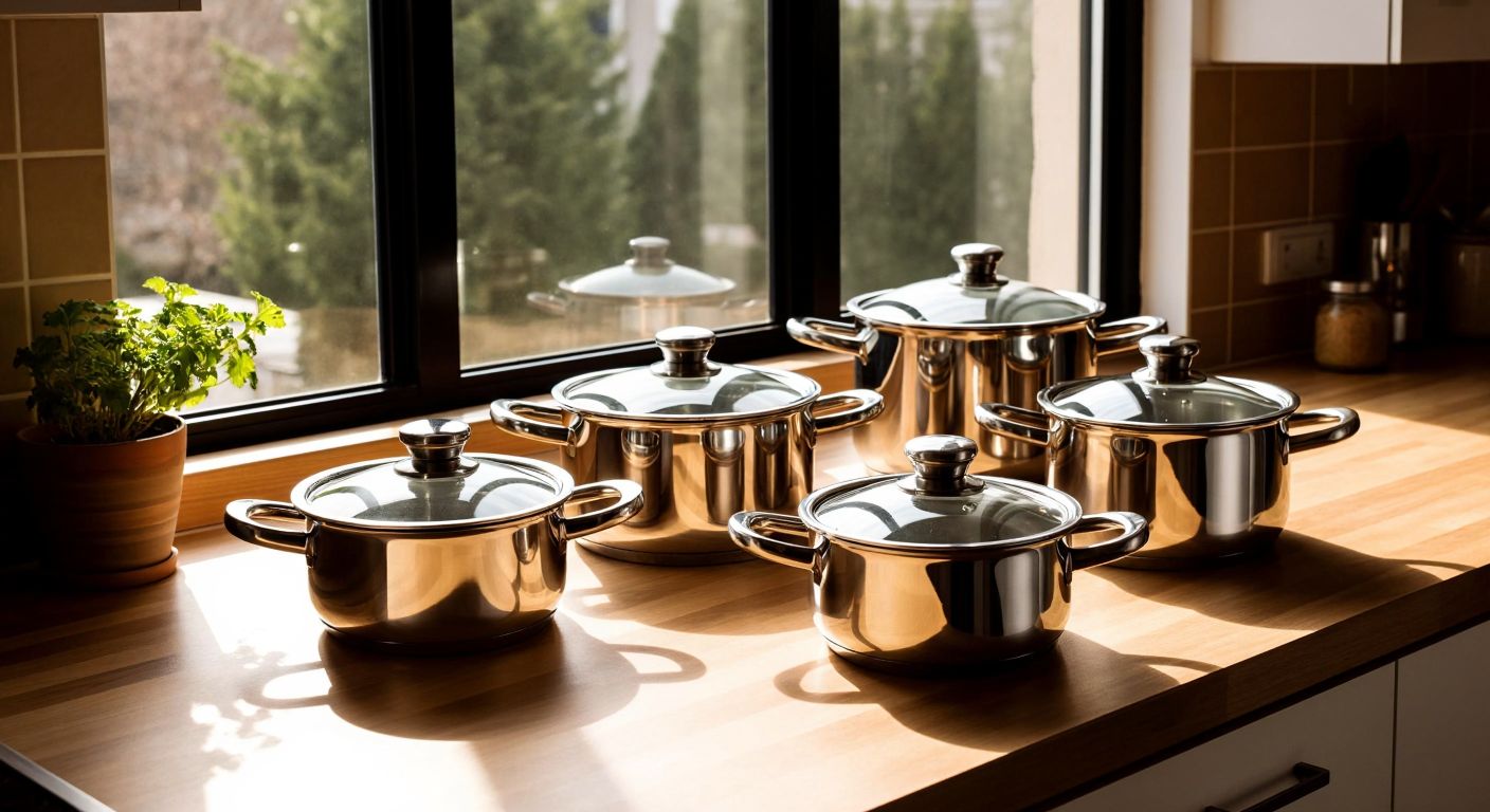 A neatly arranged set of six shiny stainless steel midi pots with glass lids on a wooden kitchen counter in a Turkish home, reflecting warm sunlight from a nearby window.