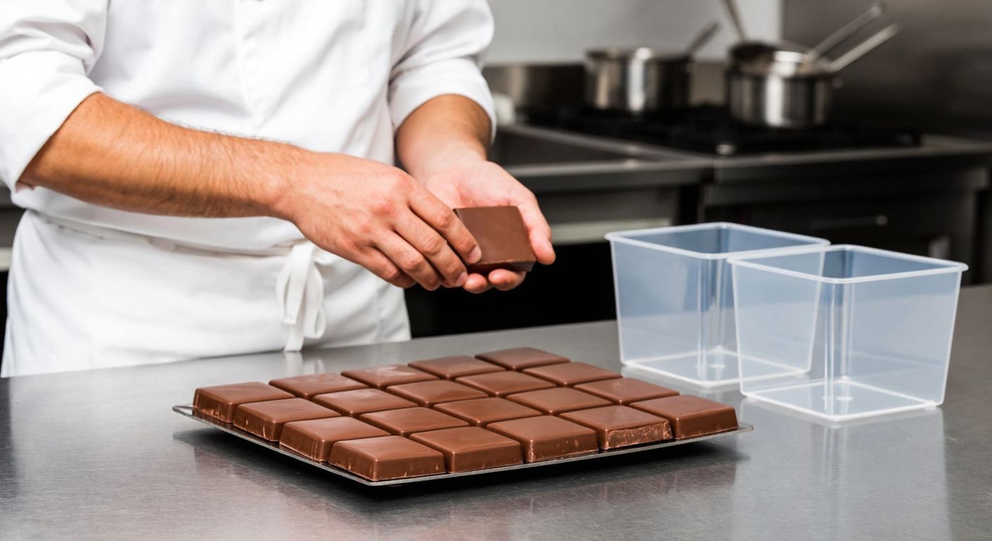 A Turkish pastry chef in a white apron carefully arranges glossy chocolate bars on a clean stainless steel counter, with three clear plastic separators (small, medium, and large) neatly stacked beside them.