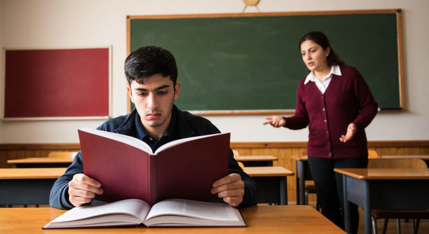 A frustrated student sits at a wooden desk in a Turkish classroom, flipping through a thick, unmarked social studies textbook with a confused expression, while a teacher points to a blank chalkboard.