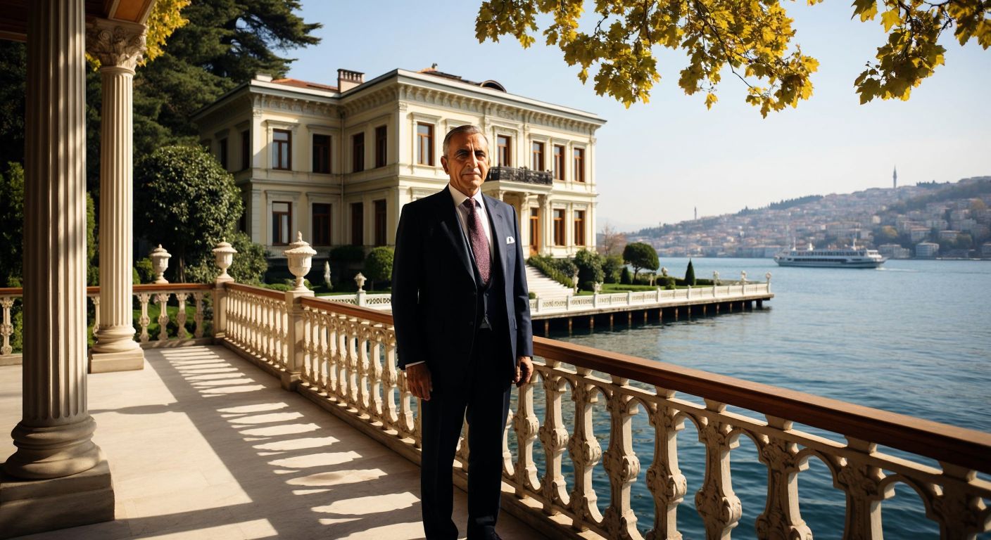 A grand Ottoman-era waterfront mansion (yalı) on the Bosphorus, with a distinguished elderly Turkish businessman (resembling Rahmi Koç) standing proudly on its ornate wooden terrace, overlooking the shimmering water.