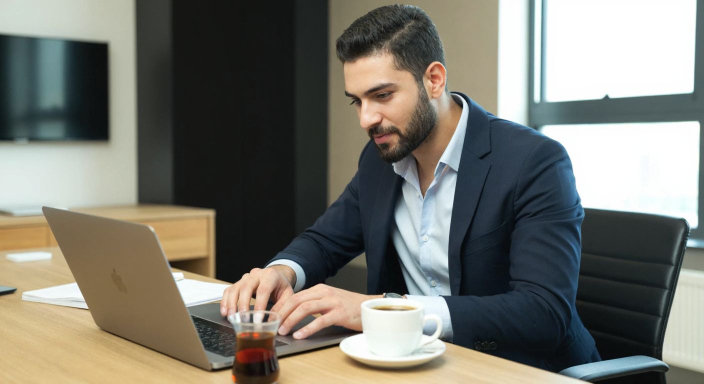 A young professional in a modern Turkish office, wearing business casual attire, confidently clicks on a laptop screen with a focused expression, surrounded by a tidy workspace and a cup of Turkish coffee.