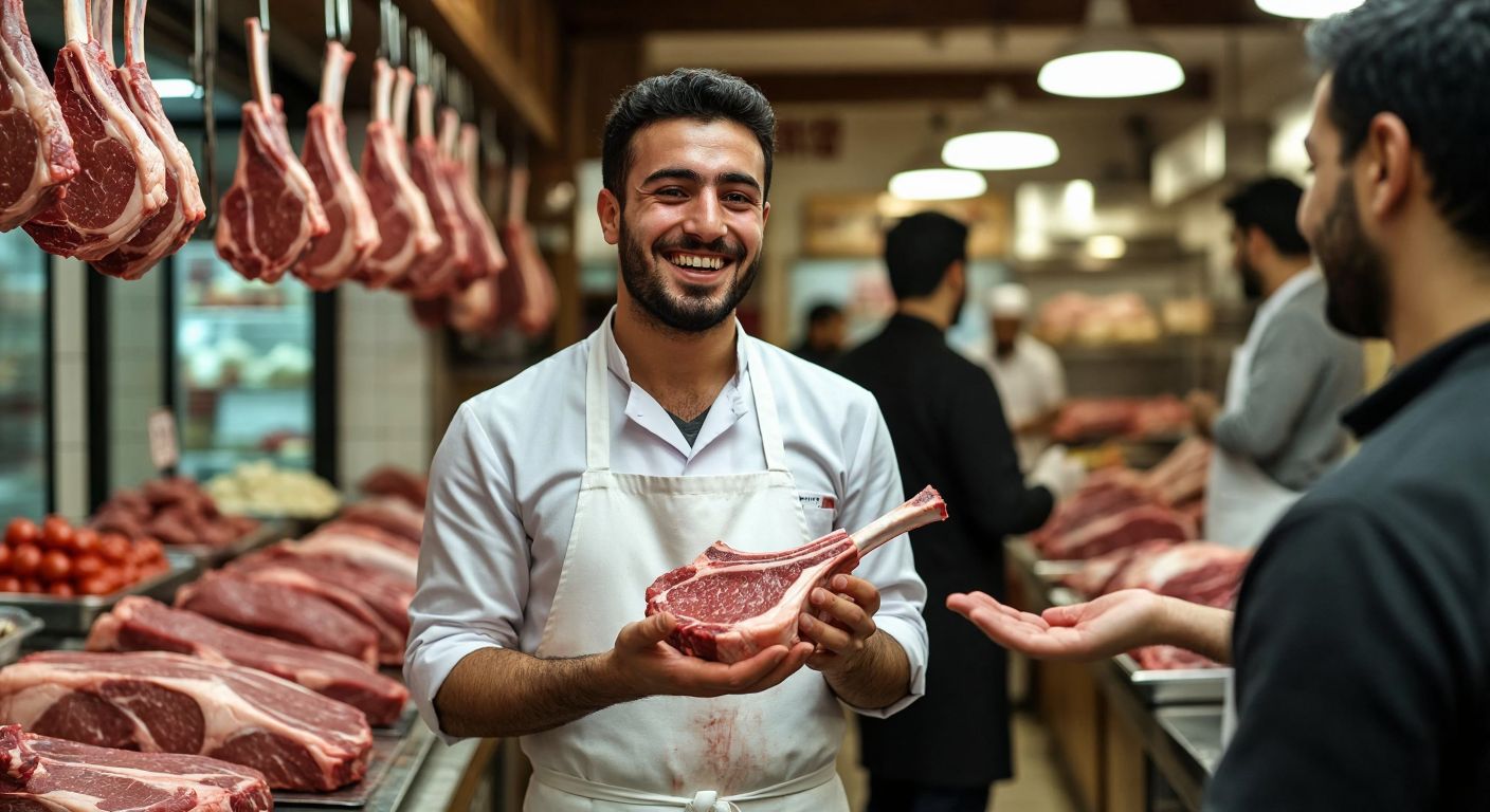 A smiling butcher in a white apron holds up a fresh, marbled lamb chop in a bustling Turkish butcher shop, while a customer gestures toward it with interest.