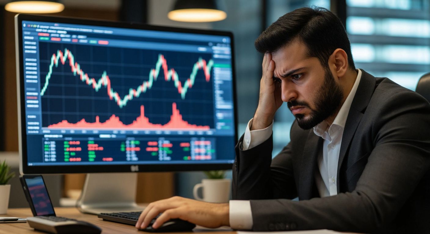 A frustrated Turkish investor in a formal office setting stares at a computer screen displaying a stock chart, with a locked padlock symbol hovering over the graph.