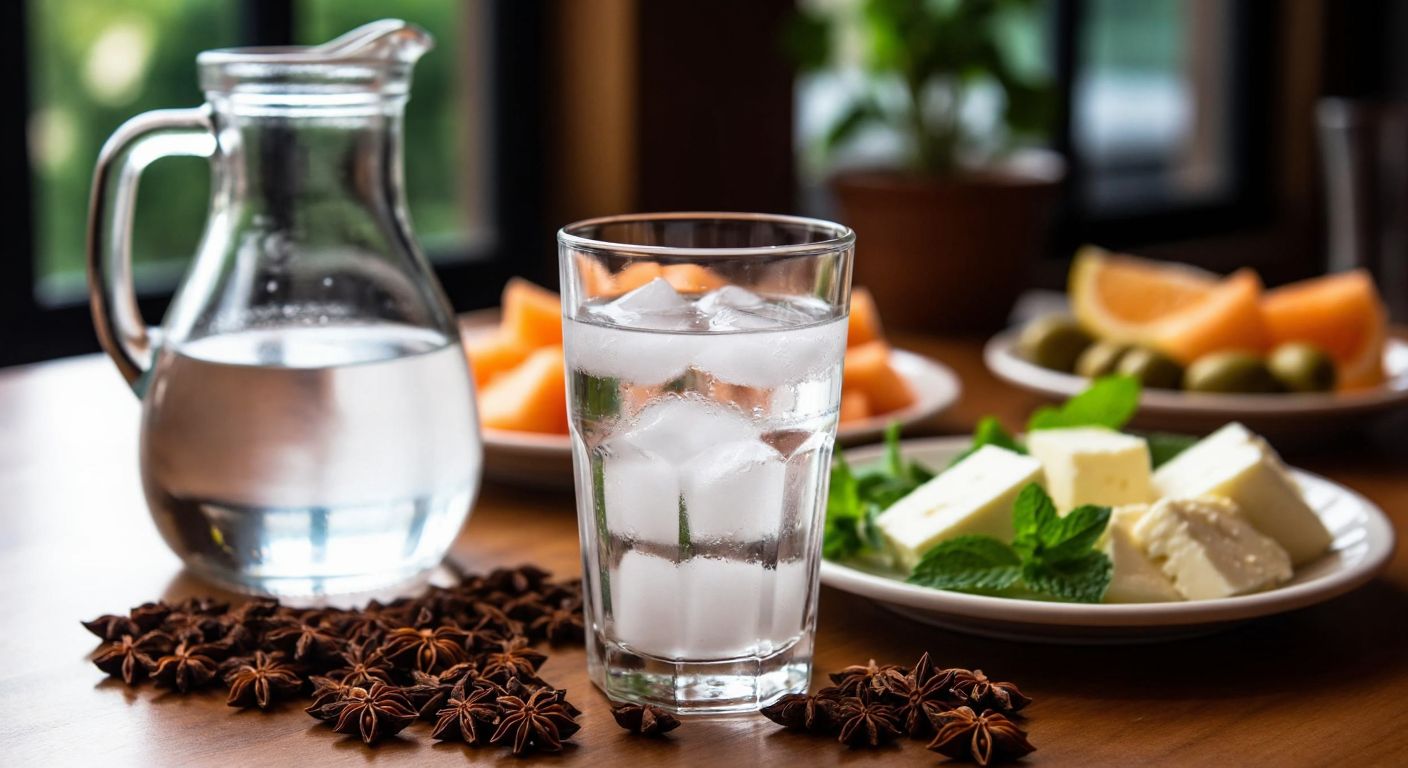 A clear glass of boğma rakı with ice cubes and a water pitcher on a wooden table, surrounded by anise seeds and fresh meze dishes like white cheese, melon, and olives, evoking a traditional Turkish gathering.