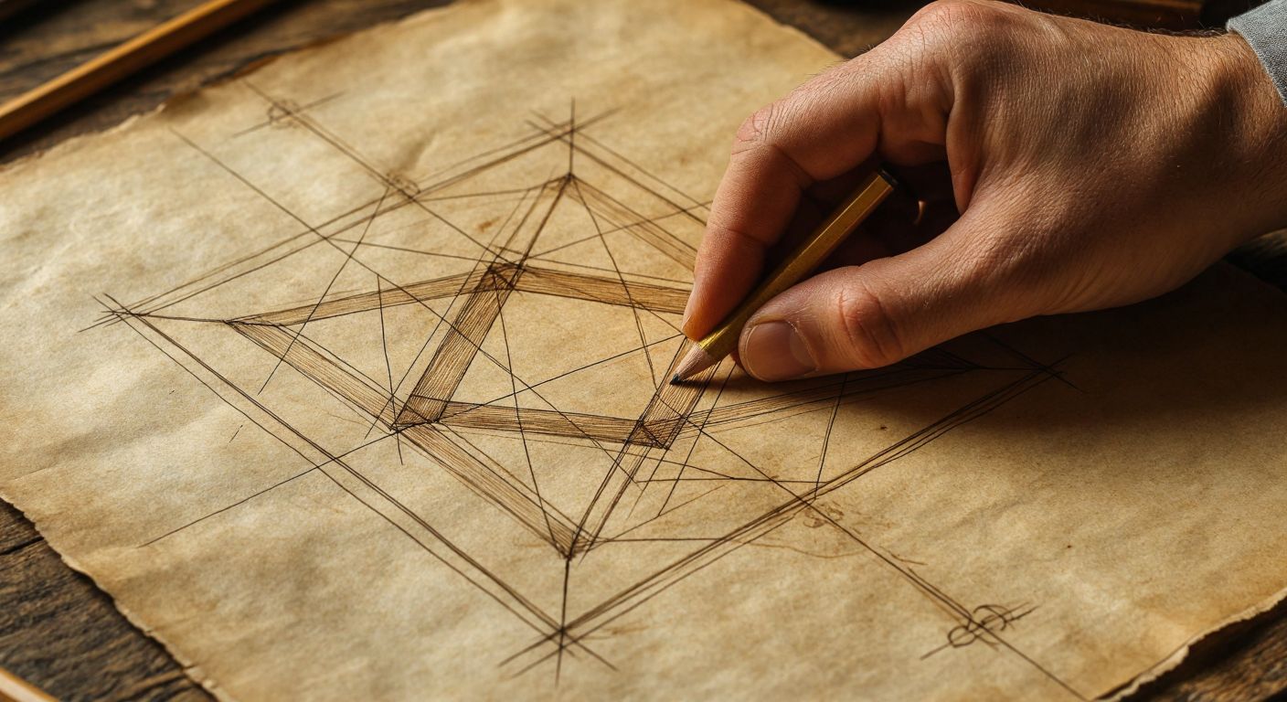 A hand sketches precise geometric shapes—a golden rectangle emerging from a square and a pentagon with intersecting diagonals—on aged parchment, evoking mathematical harmony and discovery.
