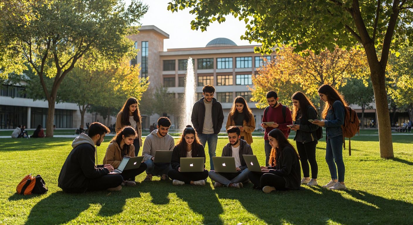 A diverse group of eager students in modern Turkish attire gather around glowing laptops in a sunlit university courtyard, their faces lit with curiosity as they engage with an online learning platform, framed by the silhouette of Atatürk University’s architecture in the background.