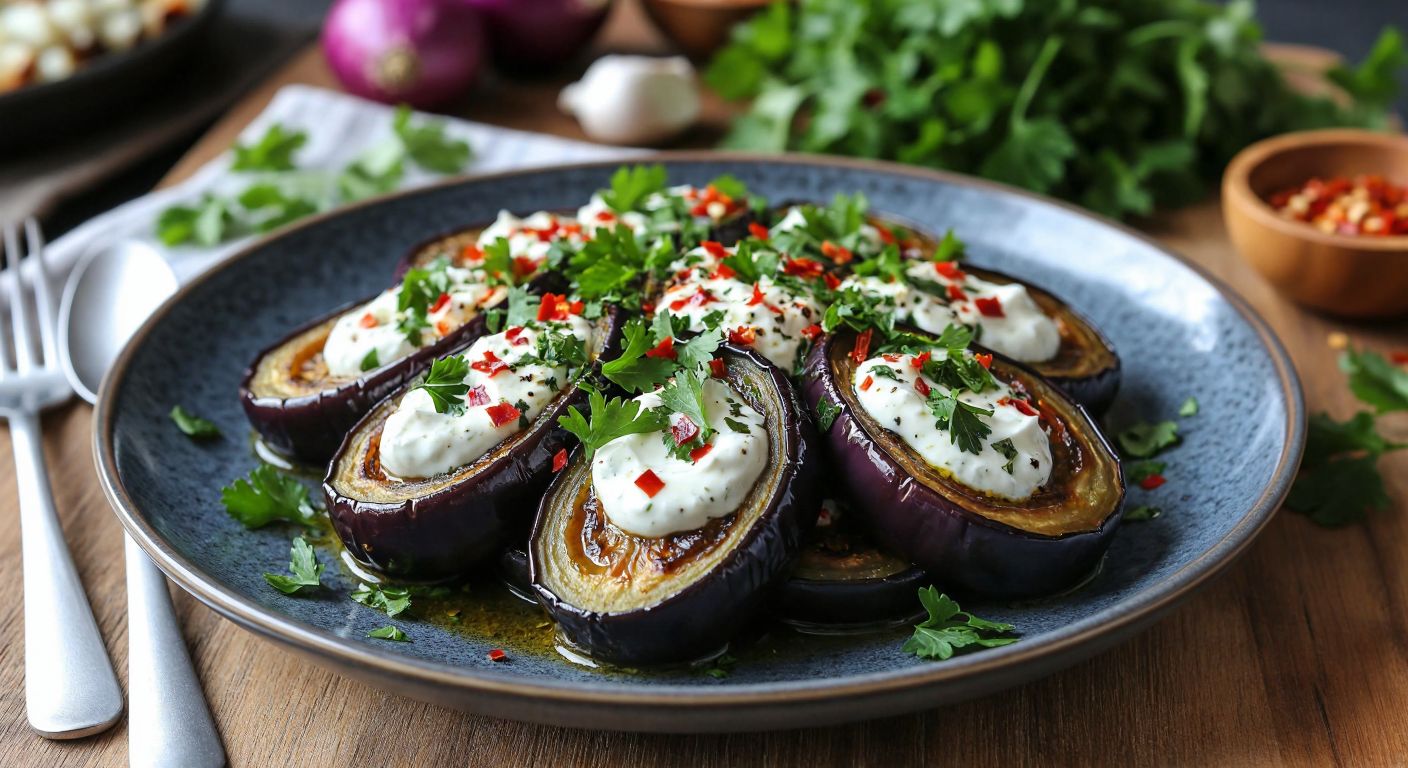 A vibrant plate of roasted eggplant topped with creamy garlic yogurt, garnished with fresh parsley and red pepper flakes, set against a rustic wooden table in a sunlit Hatay kitchen.