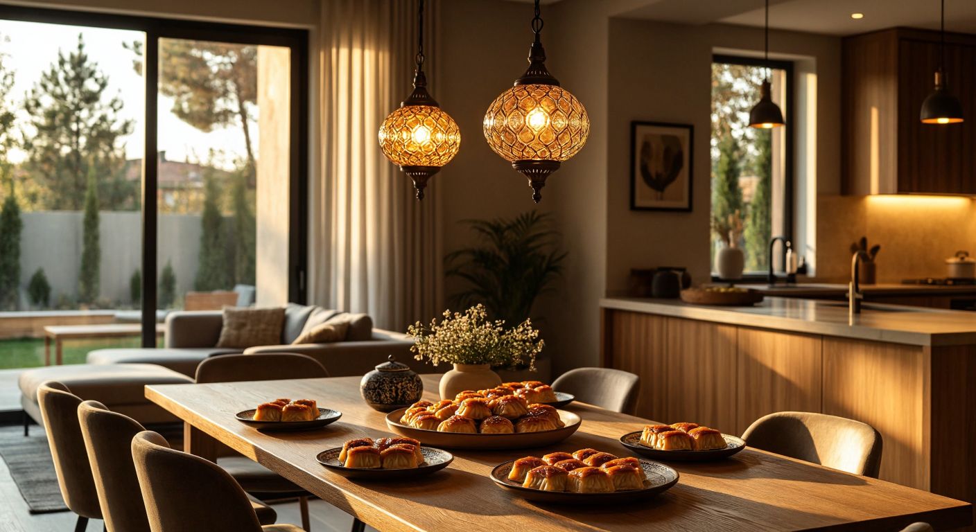 A warm, modern Turkish living room with a sleek single-bulb chandelier hanging above a wooden dining table, casting soft golden light on a traditional ceramic plate of baklava, while a family debates its practicality with thoughtful expressions.