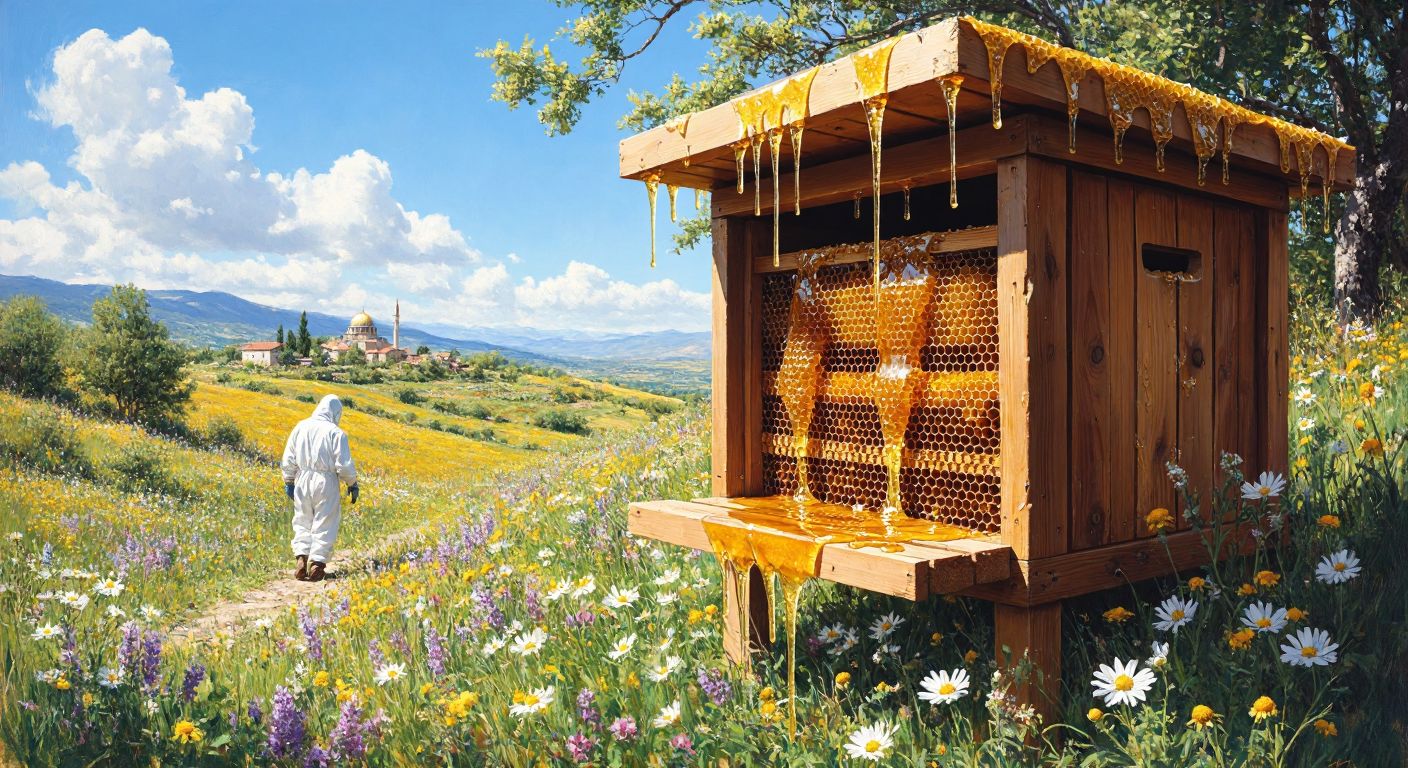 A wooden beehive with golden honey dripping from its combs, set against a sunny Turkish countryside with wildflowers and a distant silhouette of a beekeeper in traditional white protective gear.