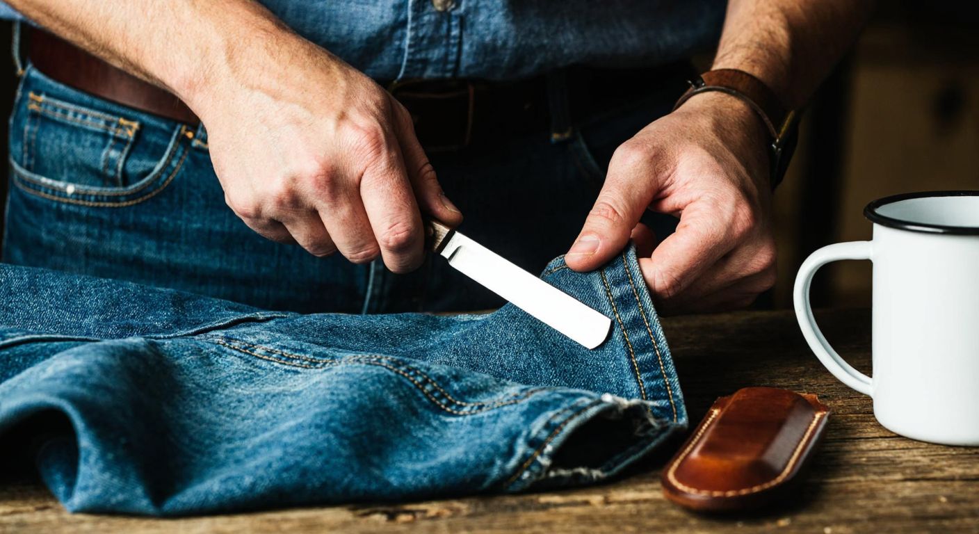 A close-up of a man's hands carefully sharpening a razor blade against the rough fabric of blue denim jeans, with a worn leather strop and a ceramic mug placed nearby on a wooden table.