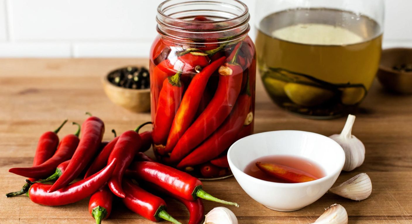A rustic Turkish kitchen counter with a glass jar filled with vibrant red chili peppers, a small bowl of grape vinegar, and scattered garlic cloves and salt, evoking the warmth of homemade pickling.