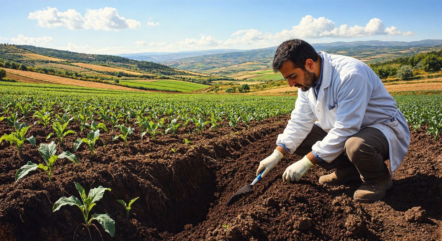 A Turkish scientist in a sunlit field carefully examines rich, dark soil layers with a trowel, surrounded by vibrant green crops and distant rolling hills.