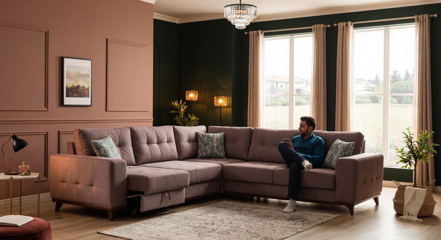 A cozy living room in a Turkish home features a plush Wellington corner sofa set with hidden storage, partially converted into a bed, surrounded by warm lighting and decorative cushions, while a family discusses its practicality with mixed expressions of satisfaction and concern.