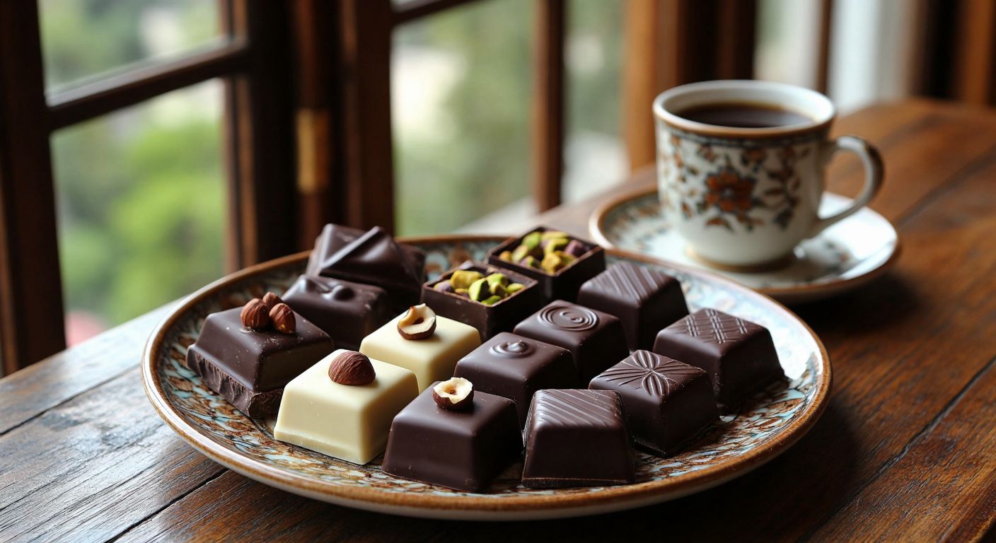 A richly decorated wooden table in a cozy Turkish café holds an assortment of Dark Brown chocolates—creamy white chocolate with hazelnuts, mixed pistachio-filled chocolates, and glossy dark chocolate squares, all arranged neatly on a ceramic plate beside a steaming cup of Turkish coffee.
