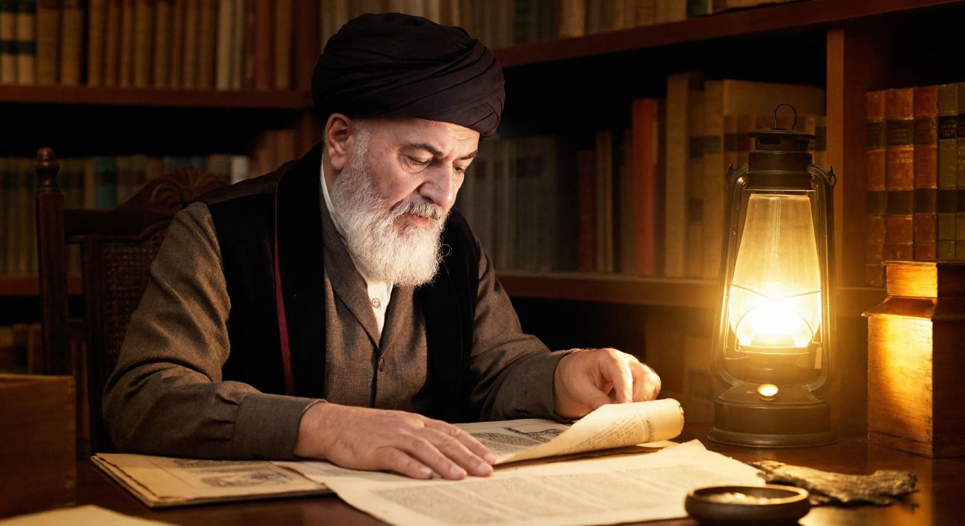 A thoughtful elderly Turkish scholar in a dimly lit library, carefully examining ancient scrolls and artifacts spread across a wooden table, with a warm lantern casting soft light on his focused expression.