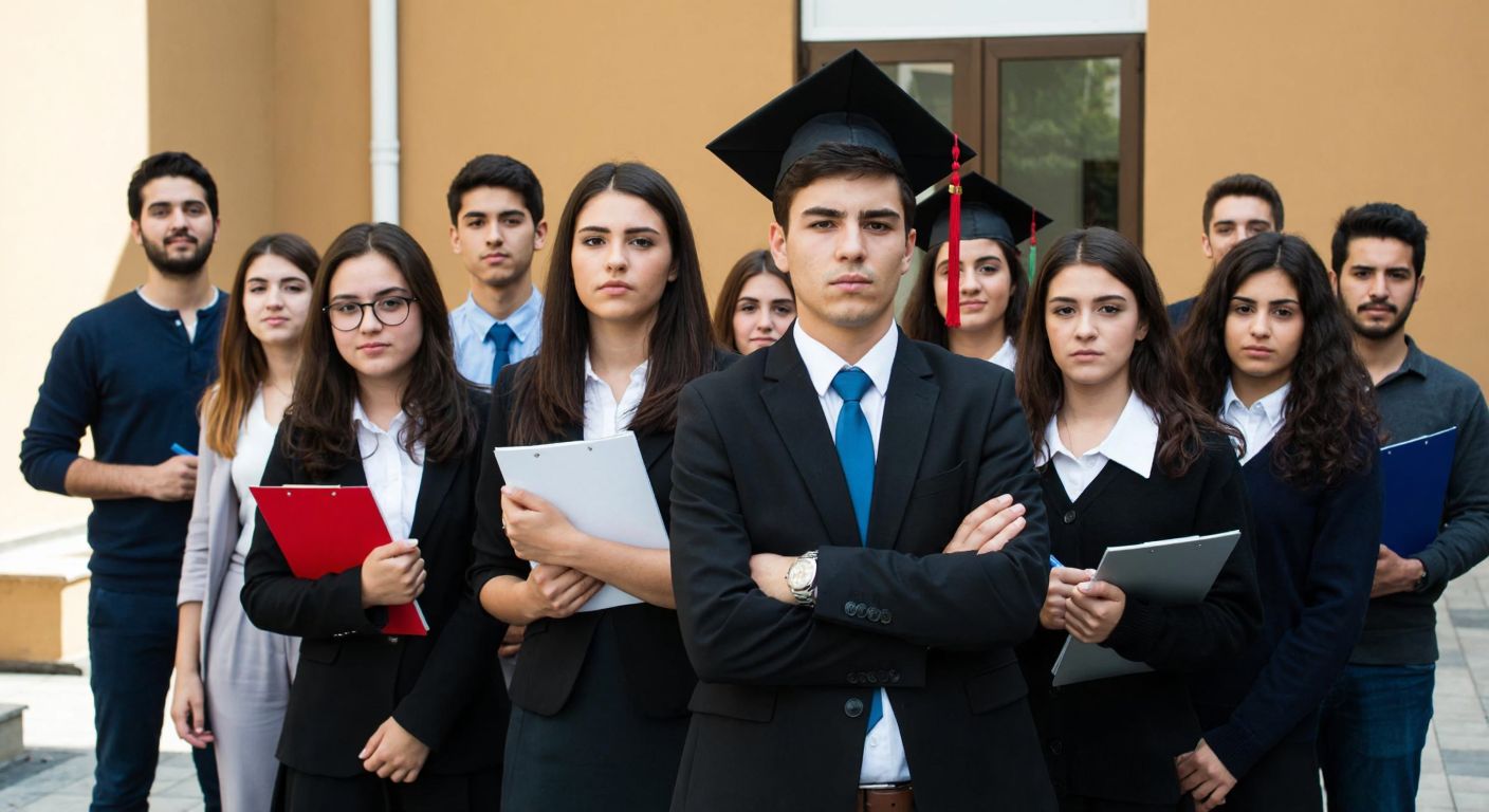 A group of diverse Turkish high school students and graduates, some in school uniforms and others in casual attire, stand confidently outside an exam hall, holding pens and notebooks, with a mix of determination and nervousness on their faces.