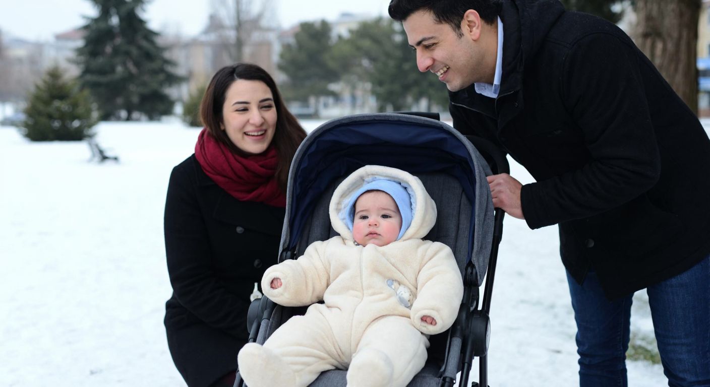 A bundled-up baby in a cozy polar jumpsuit, nestled in a stroller amidst a snowy park in Istanbul, with parents smiling warmly nearby.