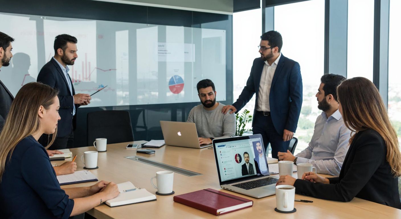 A modern Turkish office with diverse professionals engaged in a strategic meeting, analyzing charts on a glass board while a laptop displays candidate profiles, surrounded by coffee cups and notebooks.