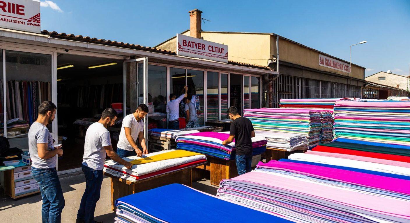 A bustling textile factory in Istanbul with stacks of colorful fabrics, workers in casual attire sorting materials, and a signless storefront under a bright blue sky.